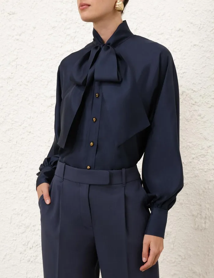 Women Clothing Zimmermann Eden Tie Neck Blouse Marine