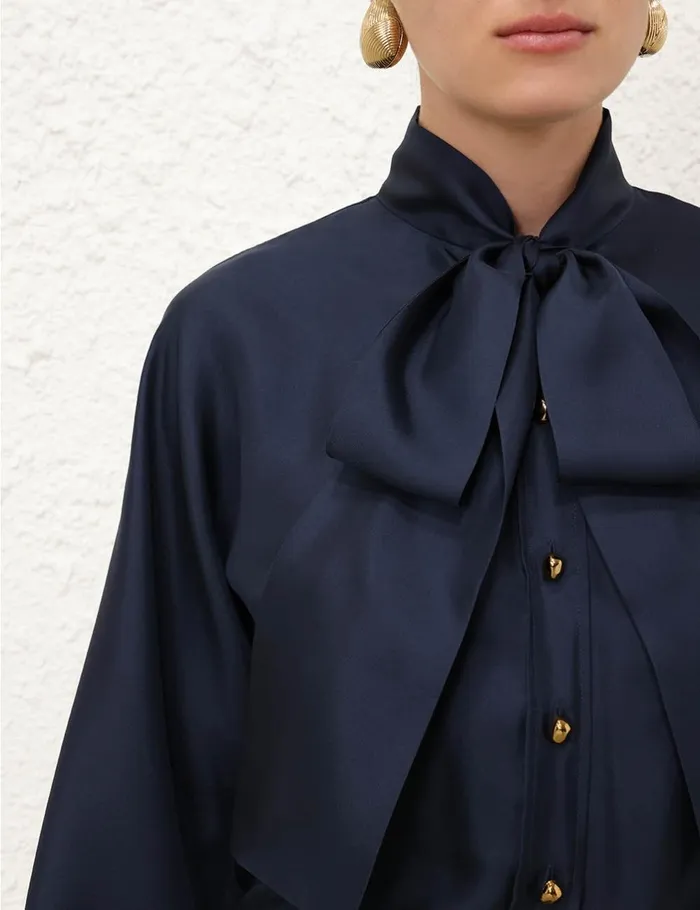 Women Clothing Zimmermann Eden Tie Neck Blouse Marine