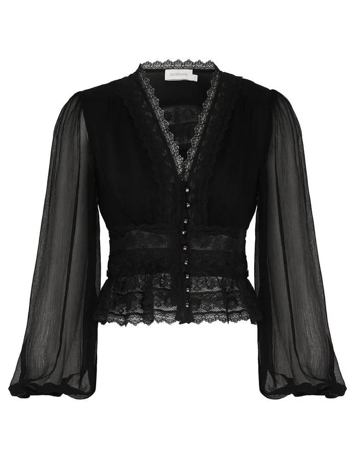 Women Clothing Zimmermann Illustration V Neck Blouse Black