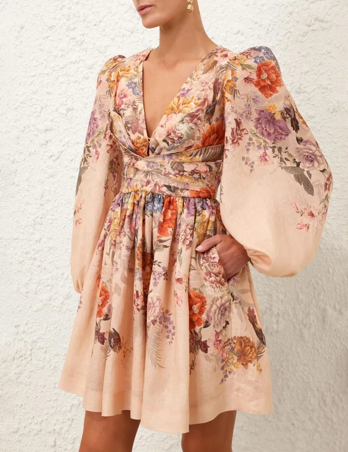 Women Clothing Zimmermann Pavilion Draped Mini Dress Peach Multi Floral