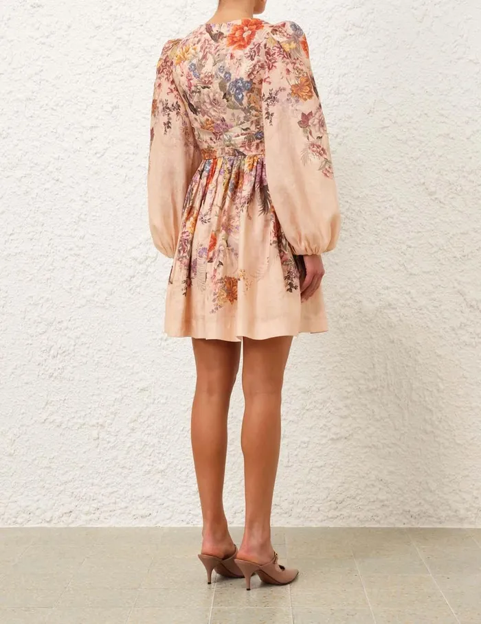Women Clothing Zimmermann Pavilion Draped Mini Dress Peach Multi Floral
