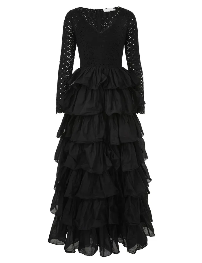 Women Clothing Zimmermann Tallow Tiered Ruffle Gown Black