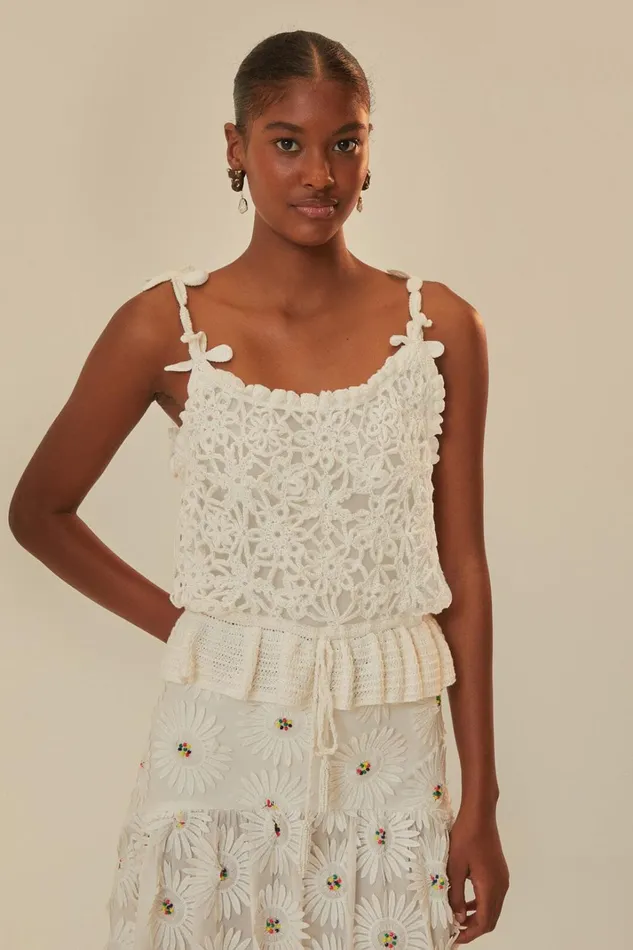 Women Crop Tops Farm Rio White Flowers Crochet Top