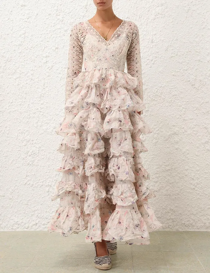 Women Dresses and Coverups Zimmermann Halliday Tiered Ruffle Gown Ivory Watercolour Floral