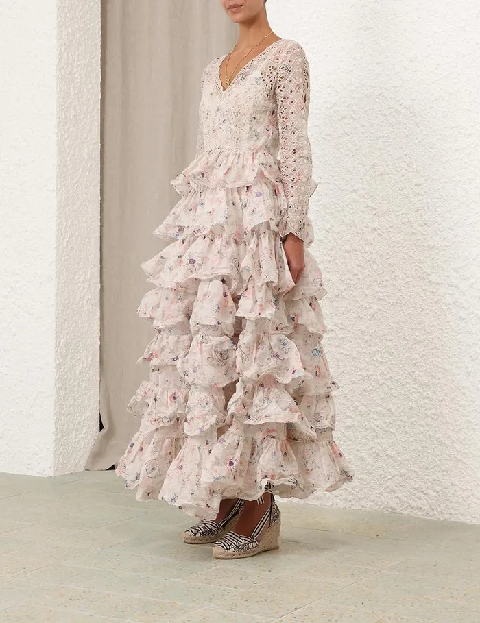 Women Dresses and Coverups Zimmermann Halliday Tiered Ruffle Gown Ivory Watercolour Floral