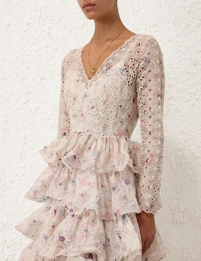 Women Dresses and Coverups Zimmermann Halliday Tiered Ruffle Gown Ivory Watercolour Floral