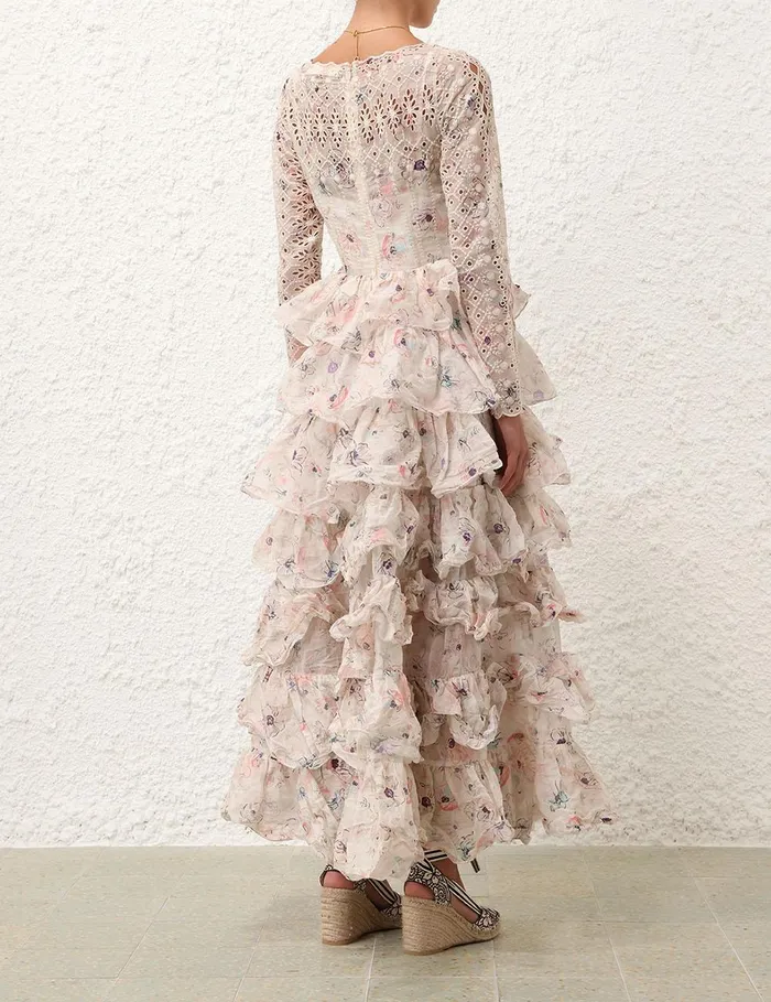 Women Dresses and Coverups Zimmermann Halliday Tiered Ruffle Gown Ivory Watercolour Floral