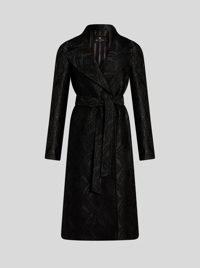 Women Etro Coats And Outerwear Chenille Jacquard Coat With Belt Black