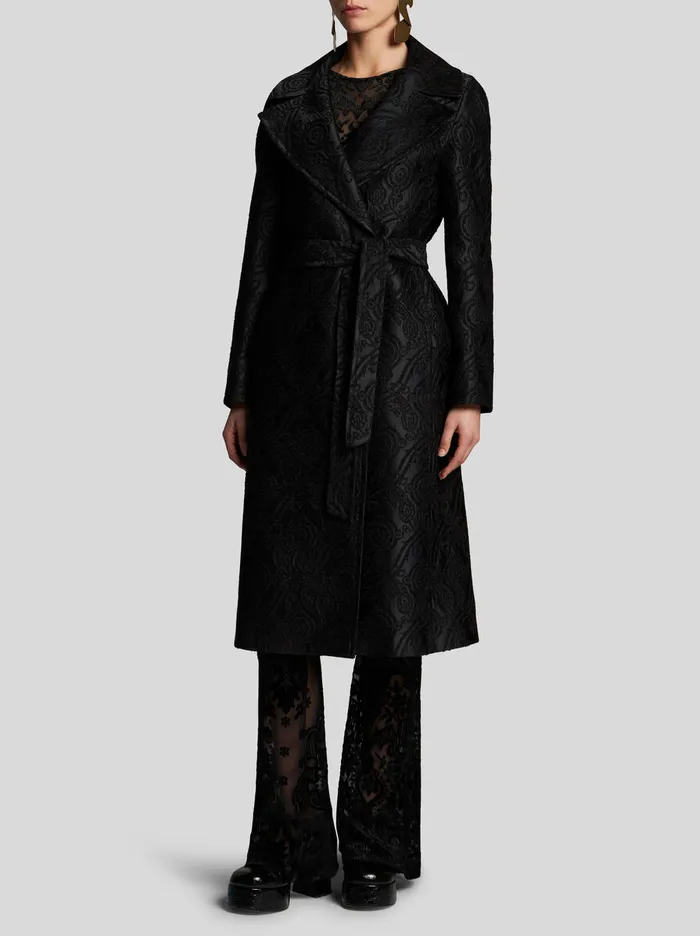 Women Etro Coats And Outerwear Chenille Jacquard Coat With Belt Black Women Etro Coats And Outerwear Chenille Jacquard Coat With Belt Black