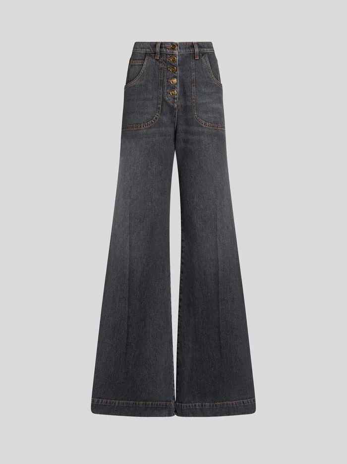 Women Etro Denim Flared Jeans With Pegaso Buttons Grey