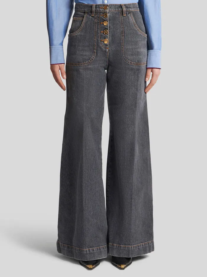 Women Etro Denim Flared Jeans With Pegaso Buttons Grey Women Etro Denim Flared Jeans With Pegaso Buttons Grey