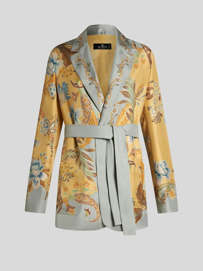 Women Etro Jackets Printed Silk Wraparound Jacket Yellow