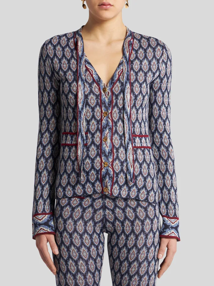 Women Etro Knitwear Jacquard Cardigan With Bow Navy Blue Women Etro Knitwear Jacquard Cardigan With Bow Navy Blue