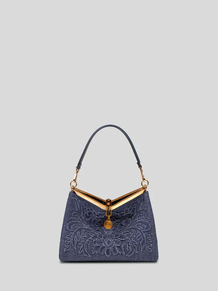 Women Etro Shoulder Bags Medium Wool Vela Bag Navy Blue