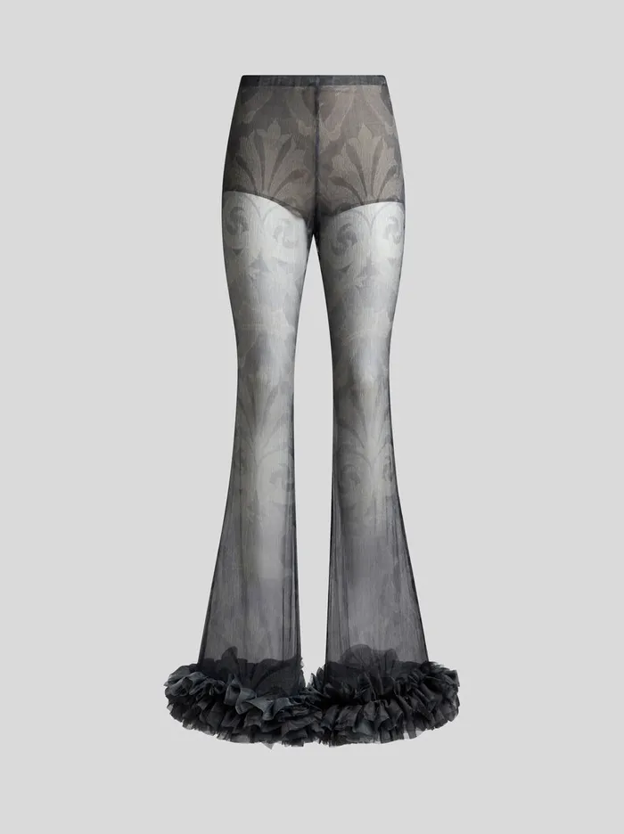 Women Etro Trousers Printed Silk Trousers With Ruching Grey