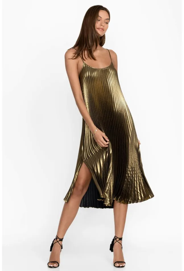 Women Golden Gem Pleated Midi Dress Gold Johnny Was Dresses