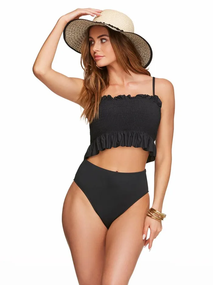 Women Jessica Simpson Swim Solid Smocked Bandeau Top In Black