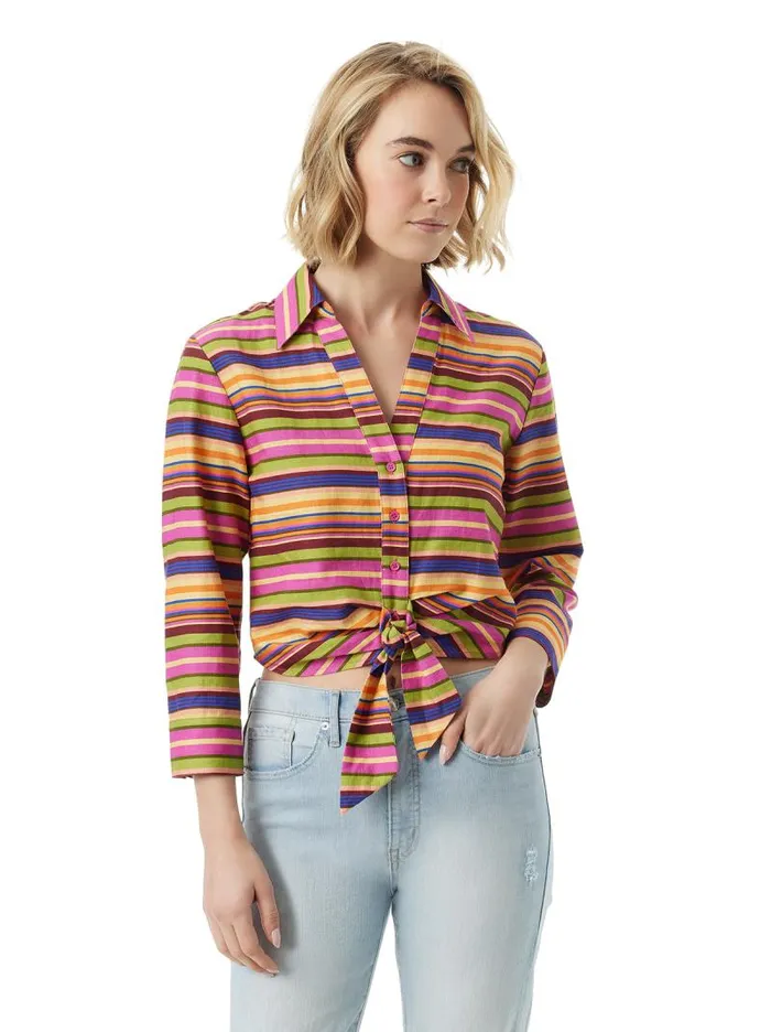 Women Jessica Simpson Tops and Tees Wisteria Tie Front Top In Rainbow Stripe