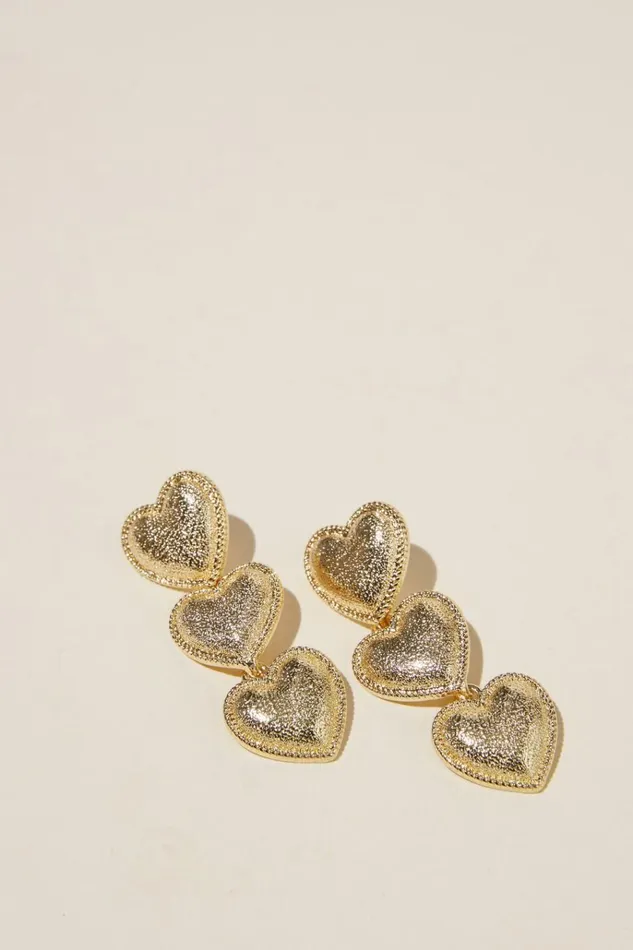 Women Jewelry Cotton On Mid Charm Earring Gold Plated Drop Trio Hammered Heart Women Jewelry Cotton On Mid Charm Earring Gold Plated Drop Trio Hammered Heart