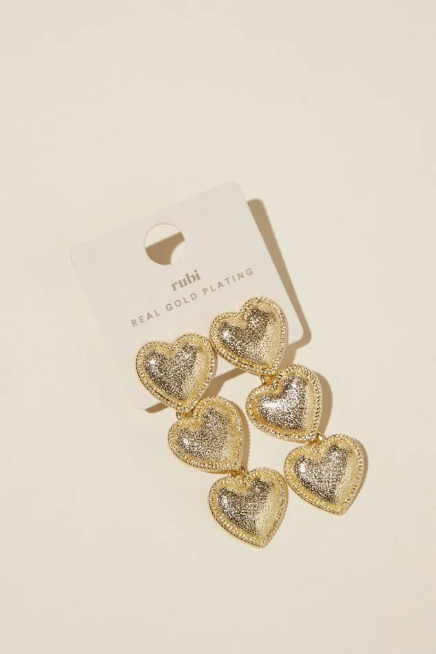 Women Jewelry Cotton On Mid Charm Earring Gold Plated Drop Trio Hammered Heart Women Jewelry Cotton On Mid Charm Earring Gold Plated Drop Trio Hammered Heart