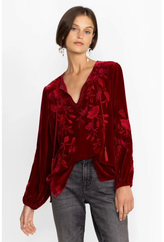 Women Junie Velvet Relaxed Blouse Rich Red Johnny Was Tops