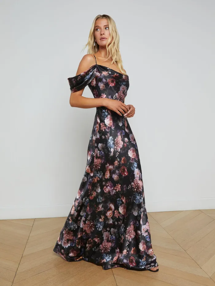 Women L039Agence Dresses and Jumpsuits Kenna Silk Gown Black Multi Vintage Oil Flower Women L039Agence Dresses and Jumpsuits Kenna Silk Gown Black Multi Vintage Oil Flower