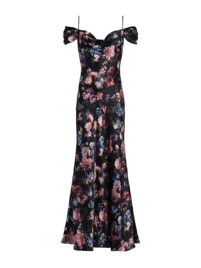 Women L039Agence Dresses and Jumpsuits Kenna Silk Gown Black Multi Vintage Oil Flower Women L039Agence Dresses and Jumpsuits Kenna Silk Gown Black Multi Vintage Oil Flower