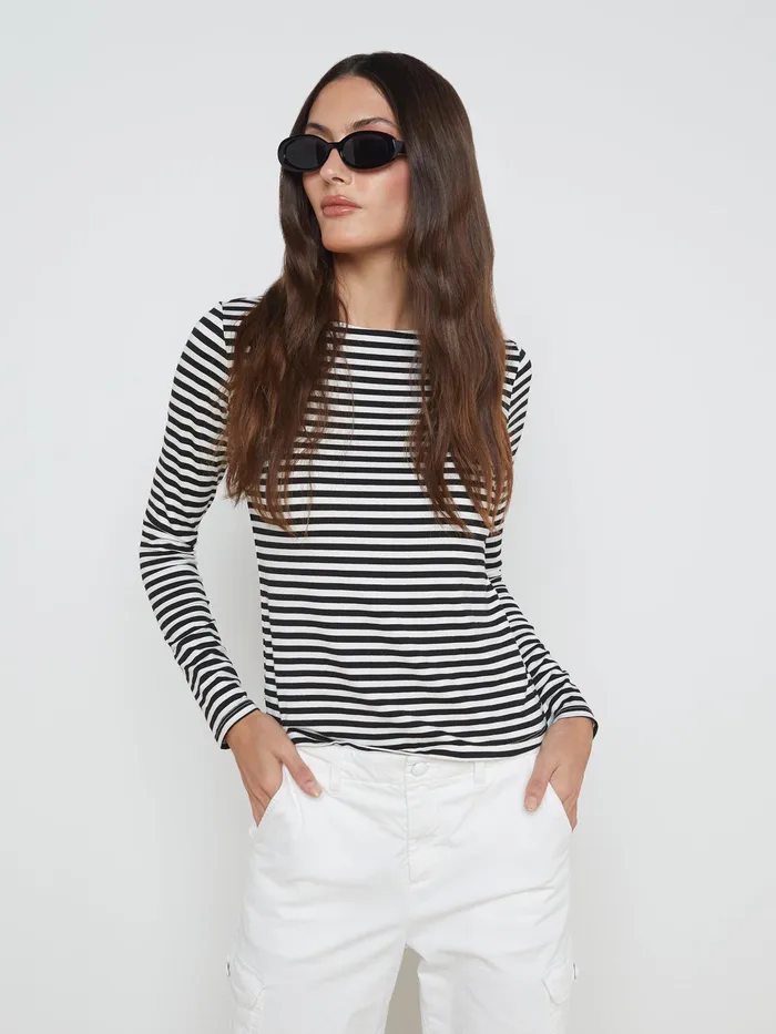 Women L039Agence Tees Tess Long Sleeve Tee Blackwhite Stripe