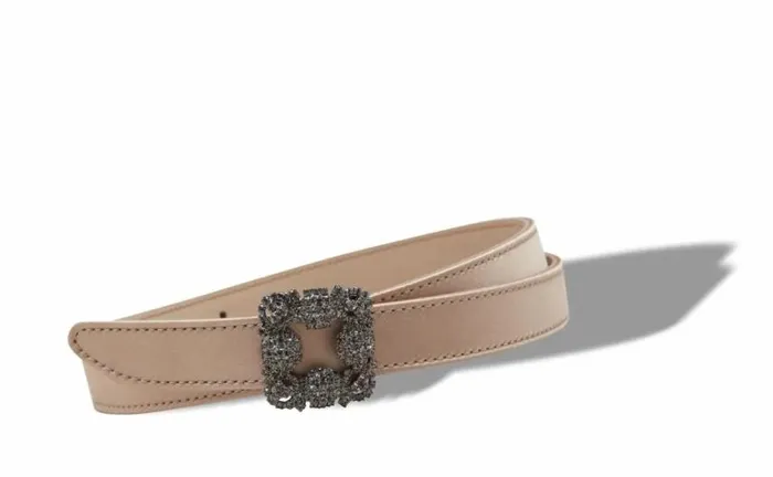 Women Light Beige Satin Crystal Buckled Belt Manolo Blahnik Belts