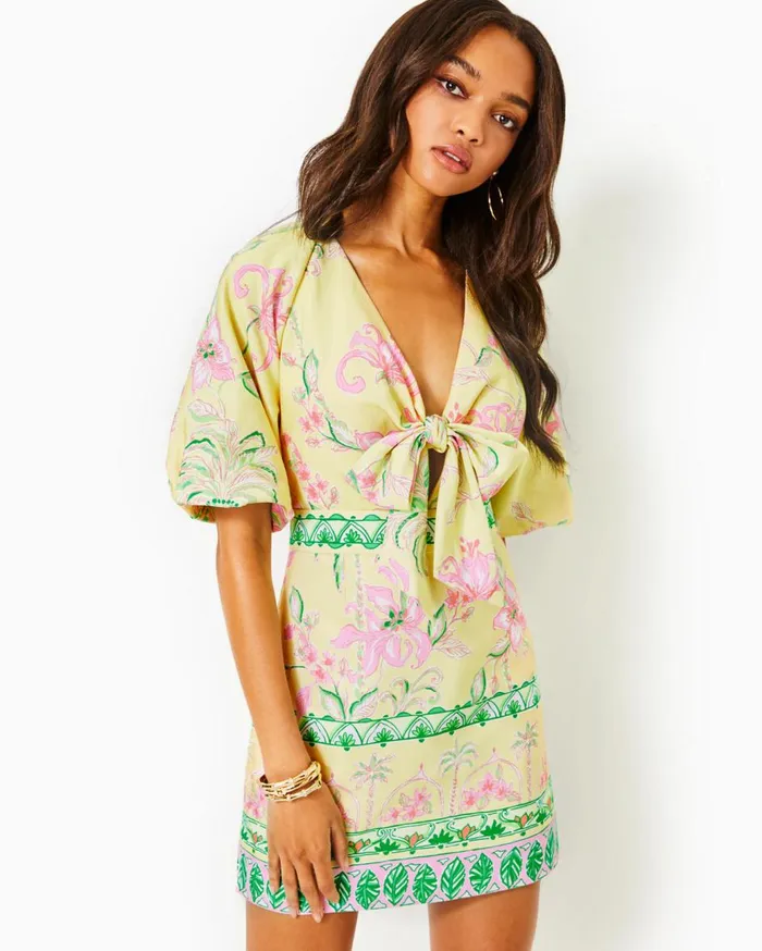 Women Lilly Pulitzer Dresses Soumya Short Sleeve Bow Romper Finch Yellow Tropical Oasis Engineered Romper Women Lilly Pulitzer Dresses Soumya Short Sleeve Bow Romper Finch Yellow Tropical Oasis Engineered Romper
