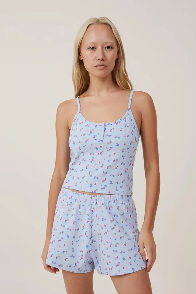 Women Pajamas Cotton On Peached Jersey Henley Cami Lexi Strawberries Blue