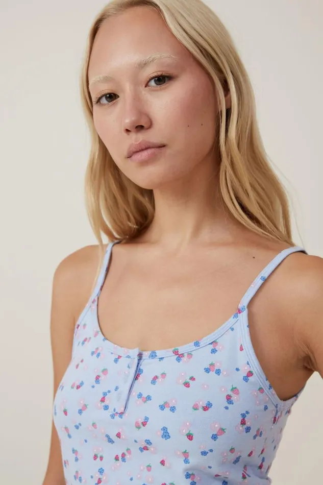 Women Pajamas Cotton On Peached Jersey Henley Cami Lexi Strawberries Blue