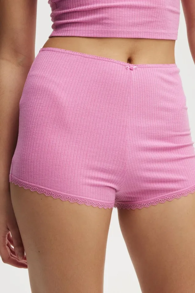 Women Pajamas Cotton On Rib Lace Short Pink Icing Women Pajamas Cotton On Rib Lace Short Pink Icing
