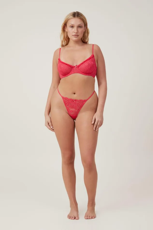 Women Panties Cotton On Butterfly Lace Tanga G String Brief Rose Red