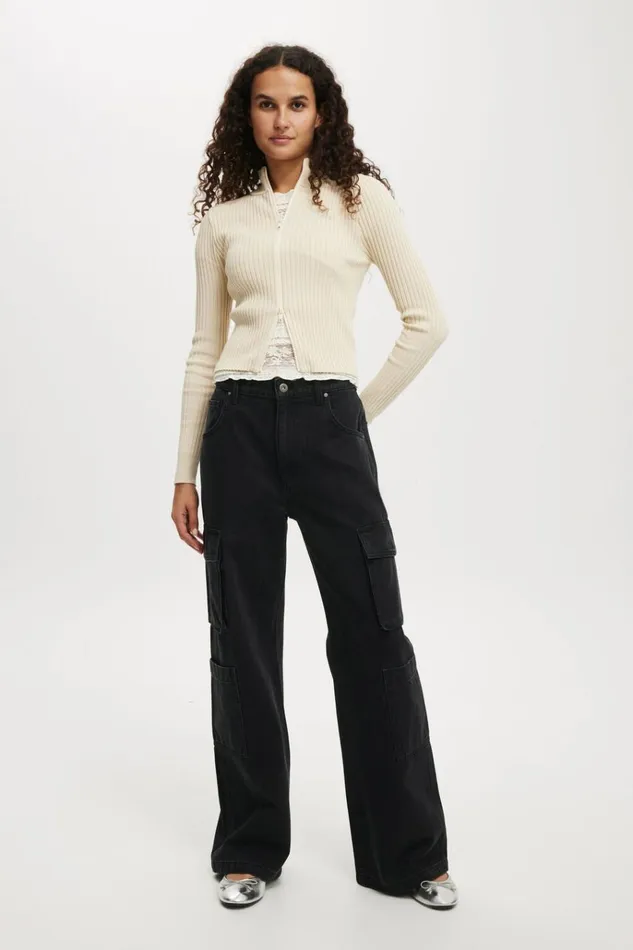 Women Pants Cotton On Cargo Wide Leg Jean Graphite Black