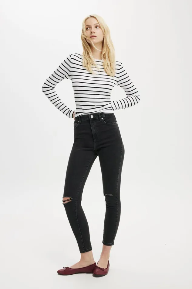 Women Pants Cotton On High Rise Skinny Jean Graphite Black Rip