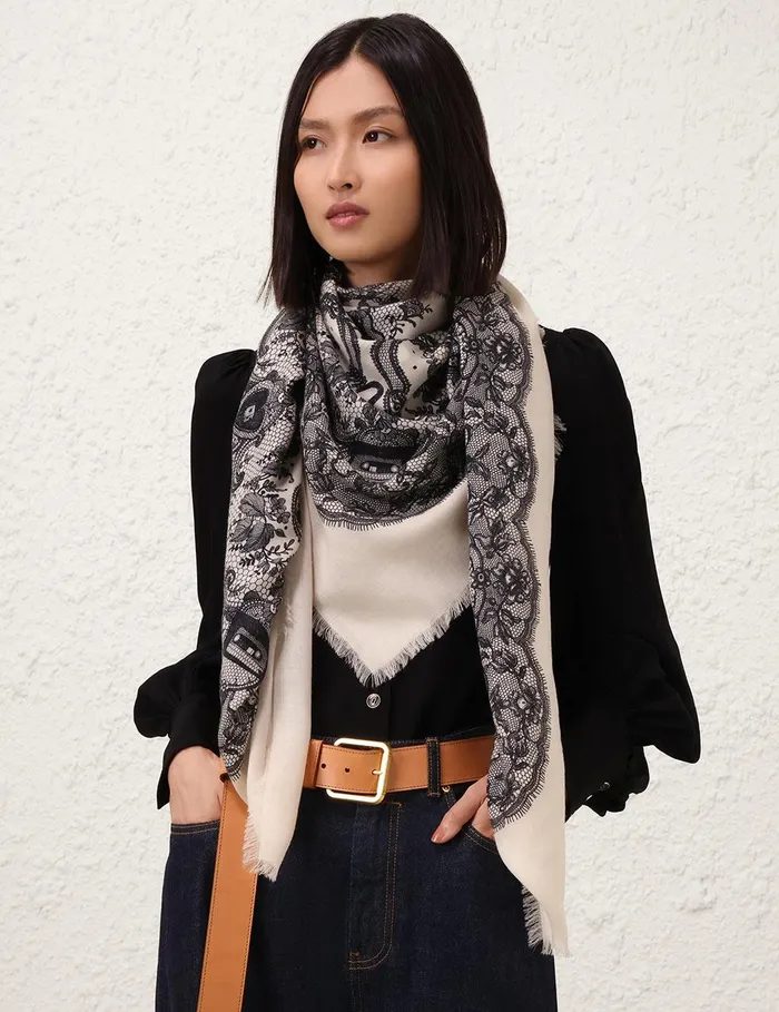 Women Scarves Zimmermann Printed Shawl Locket Lace Ivory