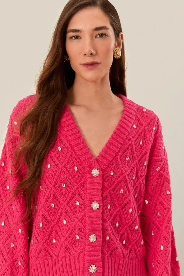 Women Sweaters and Sweatshirts Farm Rio Pink Lace Knit Sweater