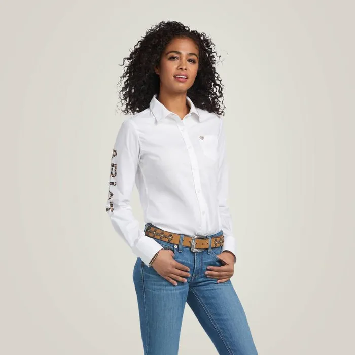 Women TShirts and Tops Ariat Wrinkle Resist Team Kirby Stretch Shirt White W Leopard Logo Women TShirts and Tops Ariat Wrinkle Resist Team Kirby Stretch Shirt White W Leopard Logo