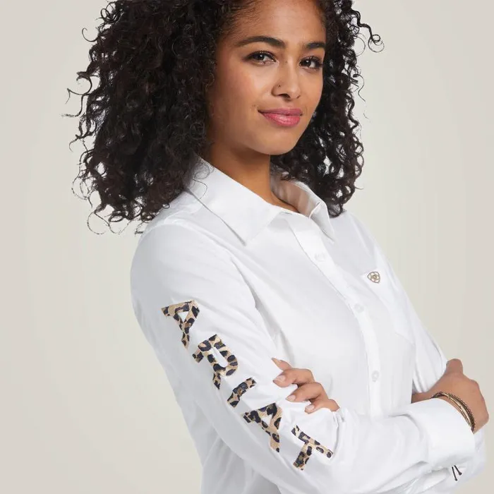 Women TShirts and Tops Ariat Wrinkle Resist Team Kirby Stretch Shirt White W Leopard Logo Women TShirts and Tops Ariat Wrinkle Resist Team Kirby Stretch Shirt White W Leopard Logo