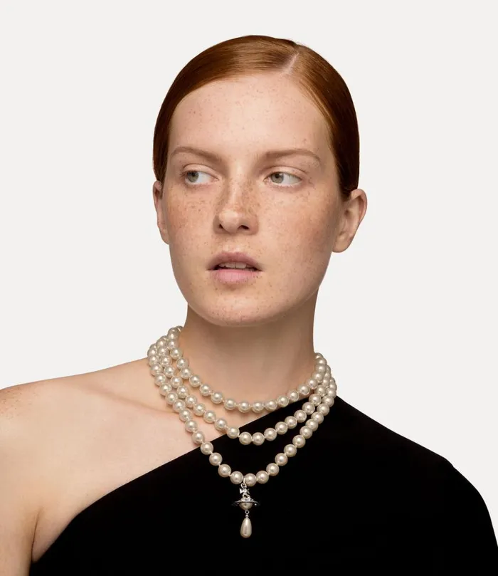 Women Three Row Pearl Drop Choker Platinumpearlmulti Vivienne Westwood Necklaces Women Three Row Pearl Drop Choker Platinumpearlmulti Vivienne Westwood Necklaces