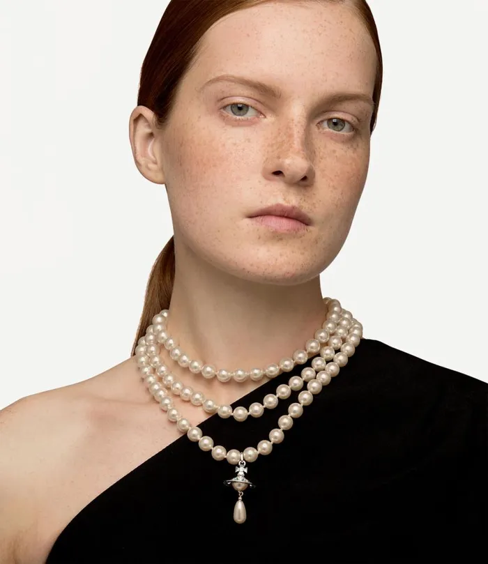 Women Three Row Pearl Drop Choker Platinumpearlmulti Vivienne Westwood Necklaces Women Three Row Pearl Drop Choker Platinumpearlmulti Vivienne Westwood Necklaces