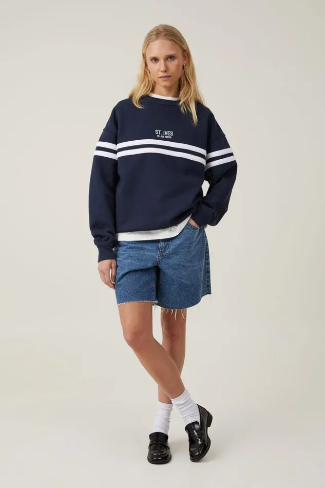 Women Tops Cotton On Classic Fleece Graphic Crew Sweatshirt St Ives Ink Navy Women Tops Cotton On Classic Fleece Graphic Crew Sweatshirt St Ives Ink Navy