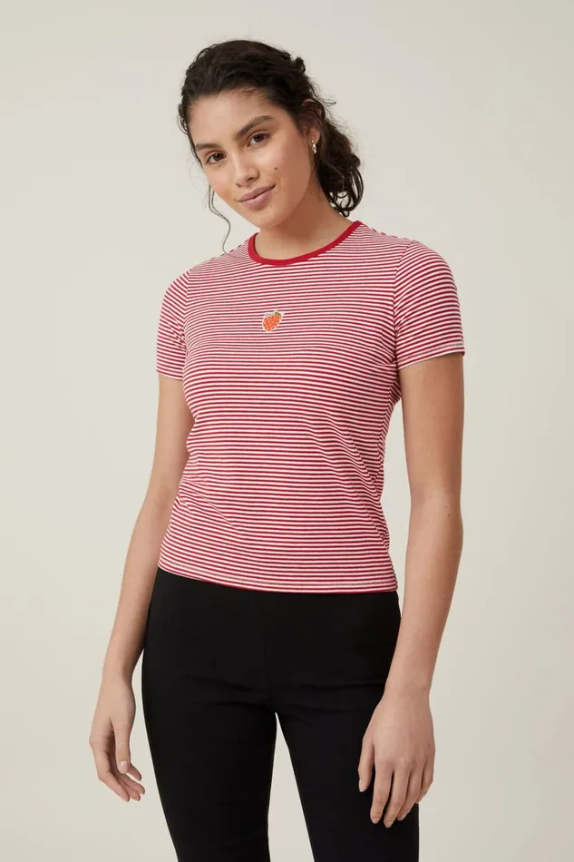 Women Tops Cotton On Fitted Graphic Longline Tee Berry Red White Stripe