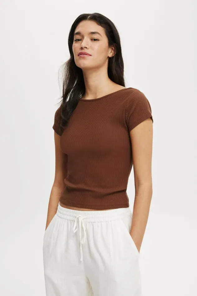 Women Tops Cotton On Mia Low Back Short Sleeve Top Carob