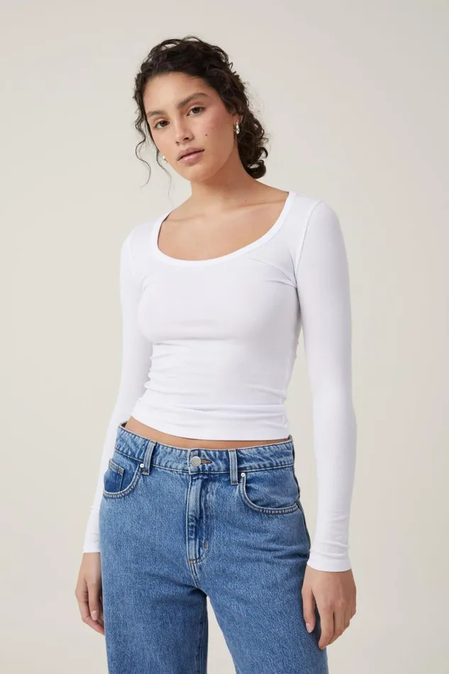 Women Tops Cotton On Staple Rib Scoop Neck Long Sleeve Top White Ii