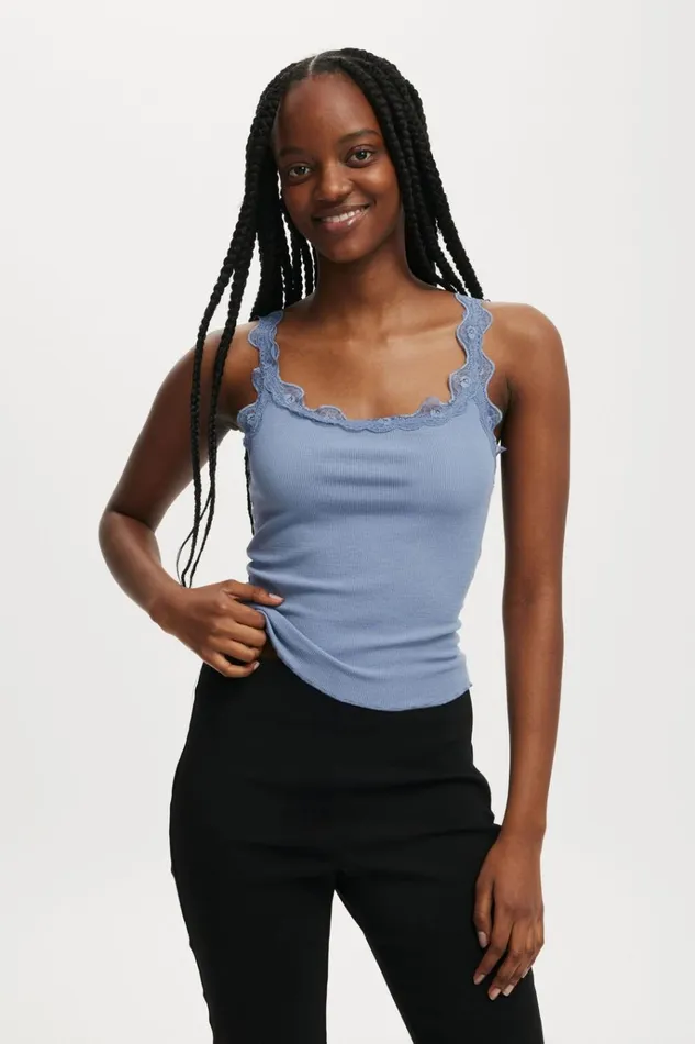 Women Tops Cotton On Tibby Lace Trim Tank Elemental Blue