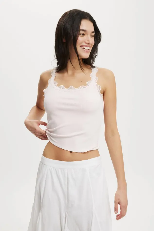 Women Tops Cotton On Tibby Lace Trim Tank Flossy Pink