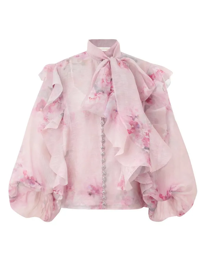 Women Tops Zimmermann Crush Tie Neck Ruffle Blouse Pink Floral