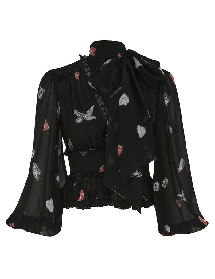 Women Tops Zimmermann Crush V Neck Lace Blouse Black Love Letters